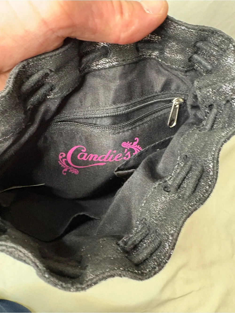 Candies Black and Silver Women's Drawstring Crossbody Bag Long Spaghetti Strap